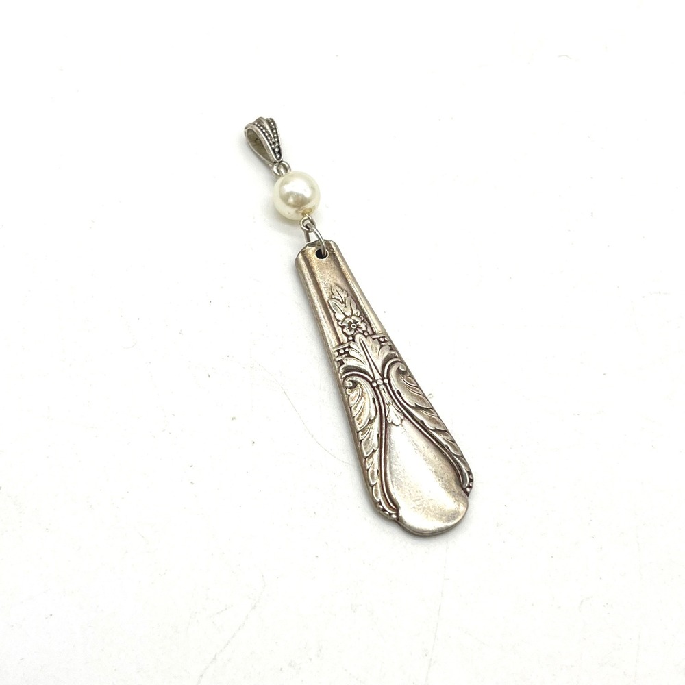 Vintage Silverplate Spoon Handle Pendant with Faux Pearl Floral Upcycled Jewelry